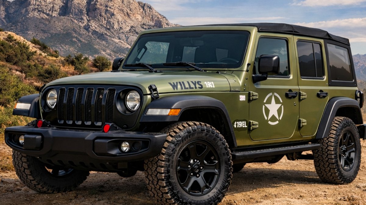 Jeep Wrangler Willys 41 Edition फ्रंट व्यू, Olive Green रंग और क्लासिक ऑफ-रोड SUV डिजाइन