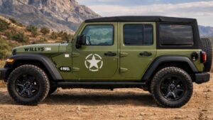 Jeep Wrangler Willys 41 Edition साइड व्यू, मजबूत बॉडी और ऑफ-रोड टायर के साथ