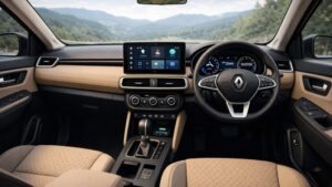 नई Renault Duster 2026 का इंटीरियर, डिजिटल डिस्प्ले और टचस्क्रीन सिस्टम