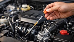 कार के इंजन तेल की जांच करते समय डिपस्टिक पर तेल