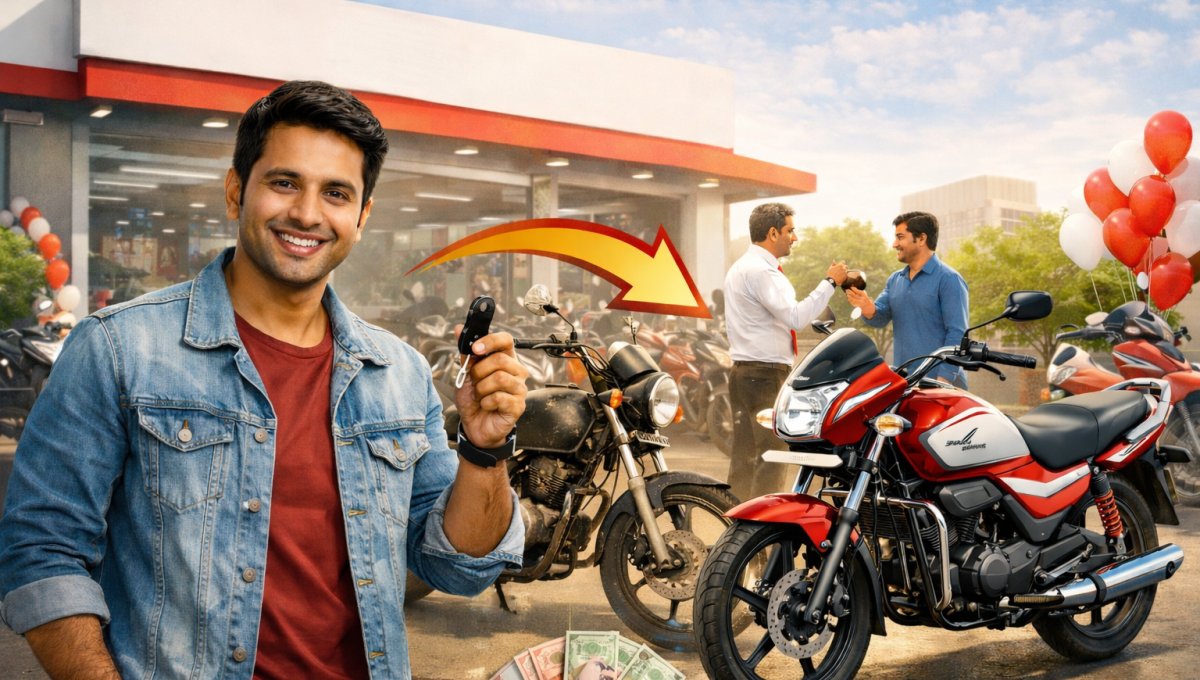 old bike exchange Hero showroom में ग्राहक पुरानी बाइक देकर नई Hero बाइक लेते हुए