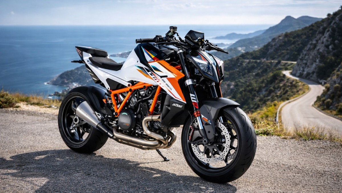 2026 KTM 1390 Super Duke RR का फ्रंट व्यू आक्रामक हेडलाइट और स्पोर्टी डिजाइन