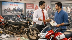 Hero शोरूम में पुरानी बाइक की जांच और नई बाइक एक्सचेंज प्रक्रिया का दृश्य