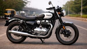 Triumph Bonneville 400 का साइड प्रोफाइल जिसमें फ्यूल टैंक और एग्जॉस्ट का क्लासिक डिजाइन