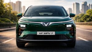 VinFast VF MPV 7 का फ्रंट व्यू और शार्प एलईडी हेडलाइट डिजाइन