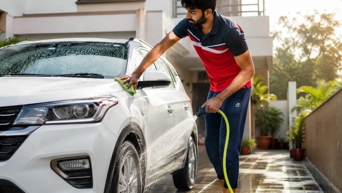 Car Cleaning Tips at Home के दौरान घर पर कार साफ करते हुए व्यक्ति