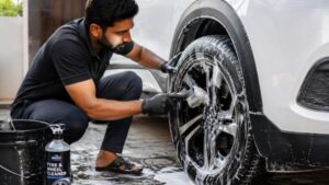 Car tyre cleaning at home करते समय alloy wheel wash process