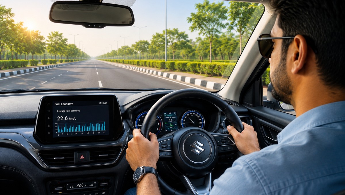 Fuel Efficient Driving Guide के लिए highway पर smart driving करती कार