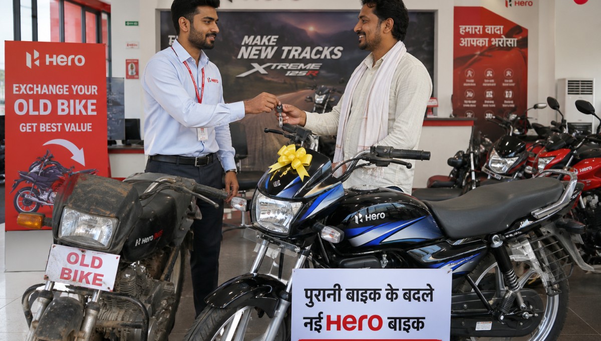 नई Hero बाइक खरीदते ग्राहक के साथ Hero Exchange Scheme 2026 ऑफर
