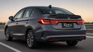 नई Honda City Facelift 2026 का रियर डिजाइन, कनेक्टेड LED टेललाइट्स और स्पोर्टी बंपर के साथ प्रीमियम सेडान लुक