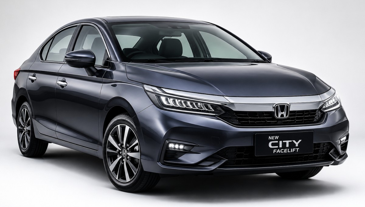 New Honda City Facelift Price 2026 प्रीमियम Hybrid सेडान का फ्रंट थ्री क्वार्टर व्यू, LED DRLs और मॉडर्न डिजाइन
