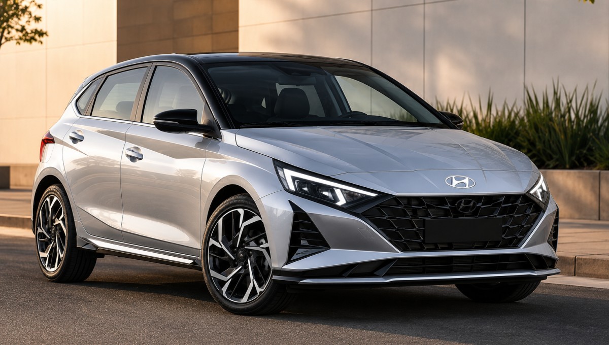 New Hyundai i20 2026 प्रीमियम हैचबैक का फ्रंट थ्री क्वार्टर व्यू