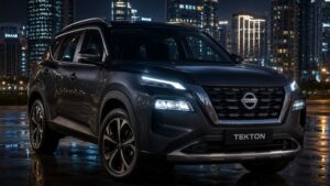 Nissan Tekton SUV India night view with glowing LED DRLs and bold grille