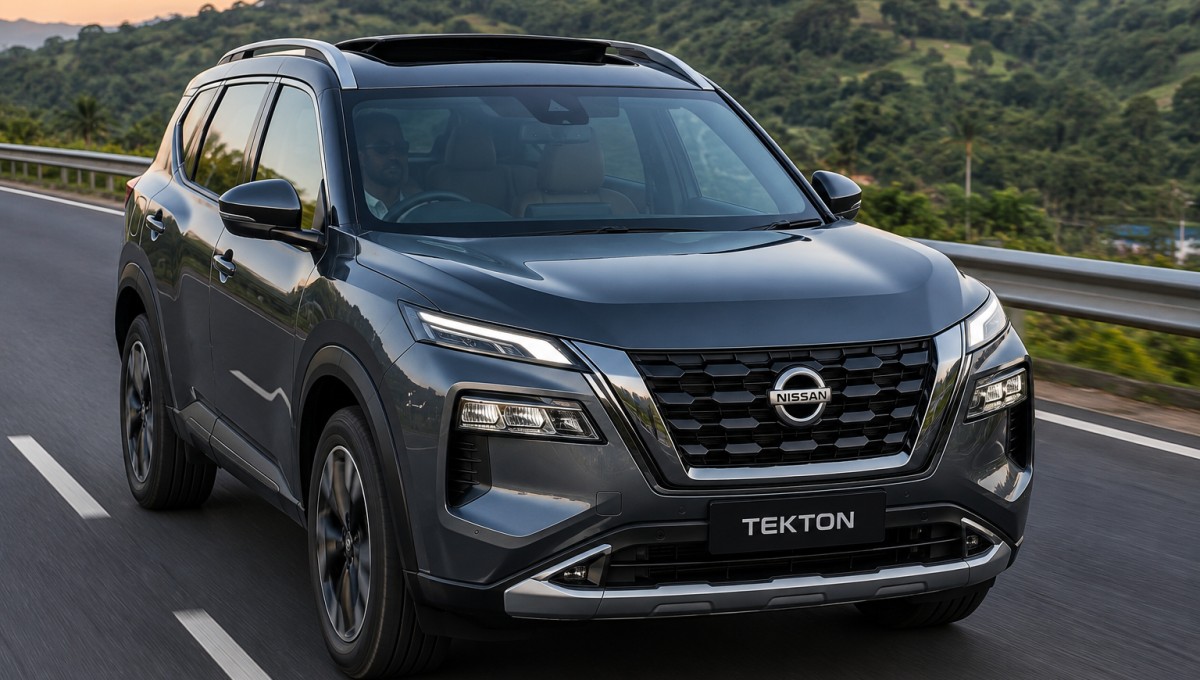 Nissan Tekton SUV driving on Indian highway with futuristic styling and panoramic roof