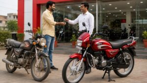  Hero New Bike Exchange Bonus 2026 पुरानी बाइक बदलकर नई Hero बाइक खरीदते ग्राहक