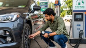 Fuel efficiency बढ़ाने के लिए tyre pressure check करते हुए driver