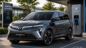 चार्जिंग पॉइंट पर खड़ी VinFast VF MPV 7 इलेक्ट्रिक फैमिली का