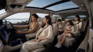 VinFast VF MPV 7 के spacious cabin में आरामदायक सफर का आनंद लेते परिवार