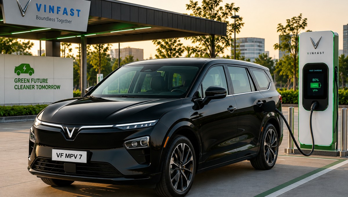VinFast VF MPV 7 Range and Charging के साथ modern EV charging station पर electric MPV