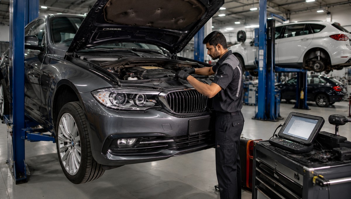 Car Service Guide – mechanic performing professional car maintenance at a modern service center