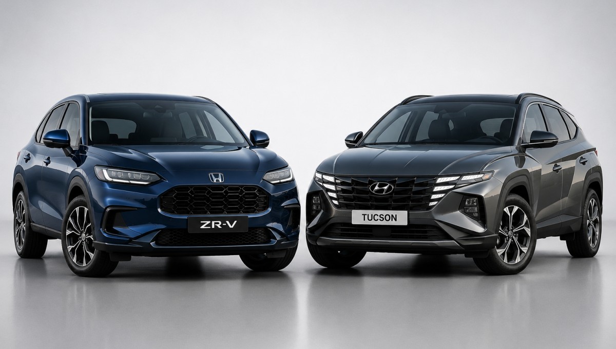 Honda ZR-V vs Hyundai Tucson Comparison – साफ स्टूडियो बैकग्राउंड में खड़ी दो प्रीमियम SUV