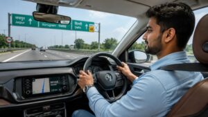 Highway Safety Guide में सीट बेल्ट पहनकर ड्राइविंग करता चालक