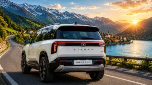 Tata Sierra EV rear view भारत में आइकॉनिक SUV की दमदार वापसी with premium back design and scenic background
