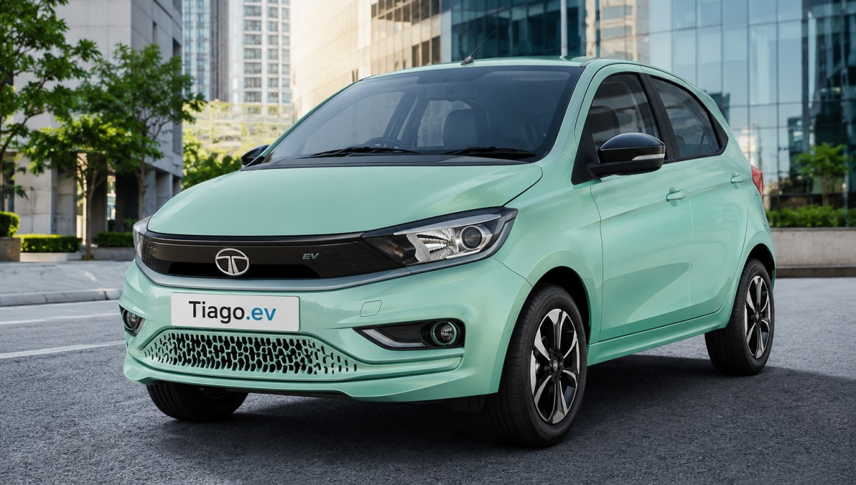 Tata Tiago EV Features के साथ नई इलेक्ट्रिक हैचबैक का फ्रंट थ्री क्वार्टर व्यू