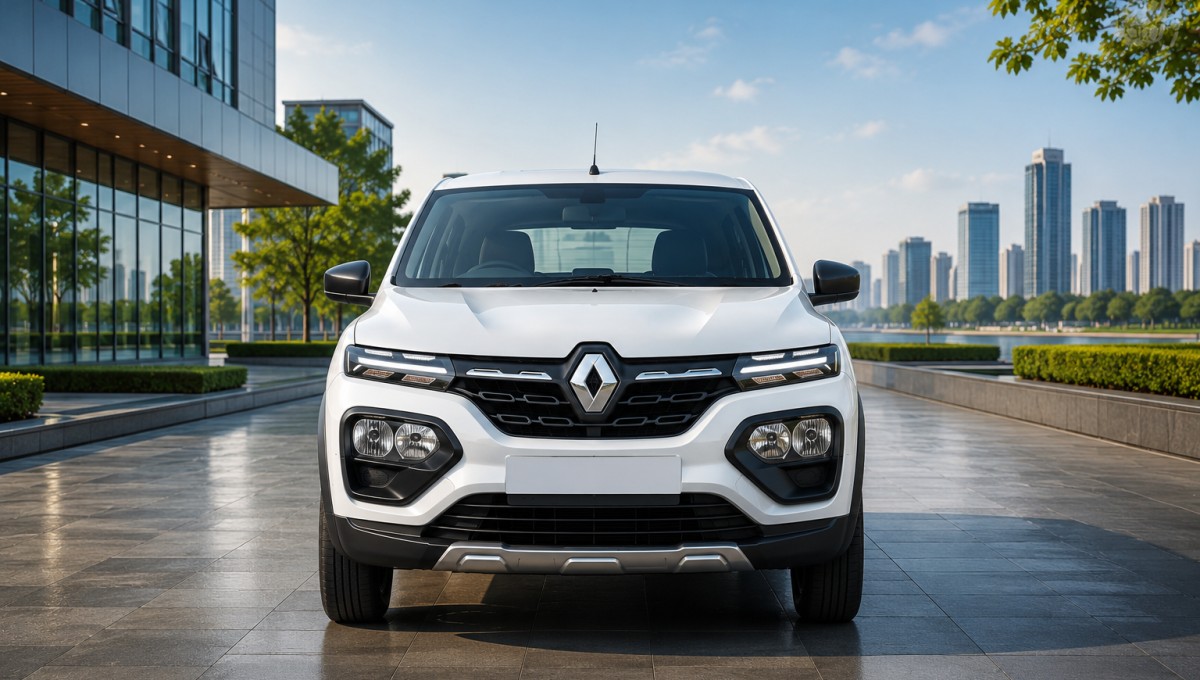 Renault Kwid 5-seater hatchback with SUV-inspired styling, premium front grille, LED DRLs, and modern design parked on an Indian city road.